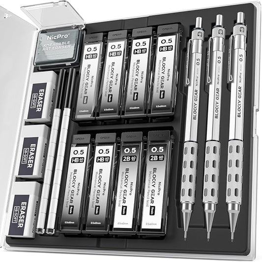 Nicpro 3 Pack Blocky Gear 0.5 mm Metal Mechanical Pencils Set with Case | Lead Drafting Pencil with 480PCS Lead Refills(HB 2B), 4 Erasers, 18 Eraser Refills for Art Writing, Sketching Drawing