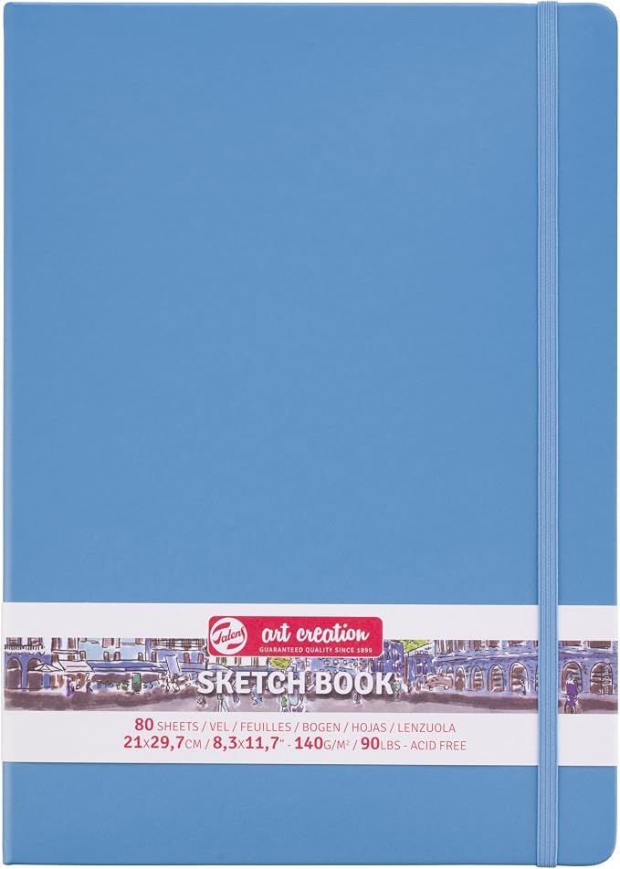 Talens Art Creation Sketchbook, Lake Blue, 80 Sheets, 8.3 x 11.7 in | Hard-Bound Pocket Notebook, 140 GSM/94 lbs Paper, Acid-Free Cream Blank Paper, Ribbon Bookmark, and Elastic Closure