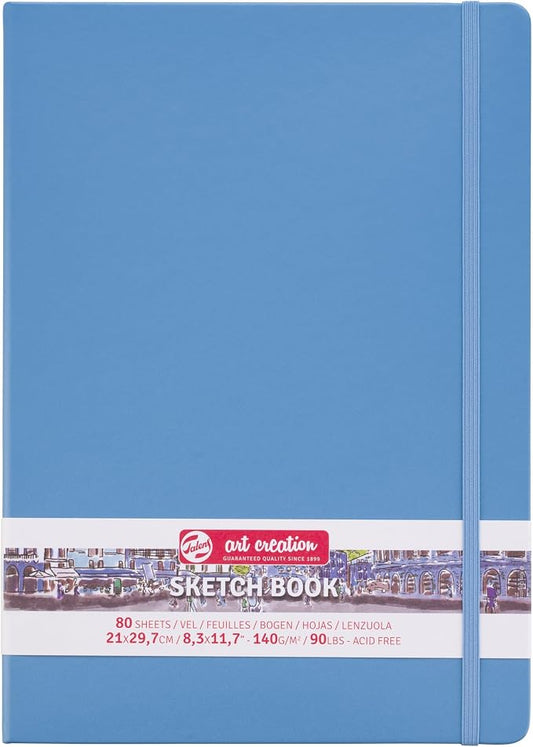 Talens Art Creation Sketchbook, Lake Blue, 80 Sheets, 8.3 x 11.7 in | Hard-Bound Pocket Notebook, 140 GSM/94 lbs Paper, Acid-Free Cream Blank Paper, Ribbon Bookmark, and Elastic Closure