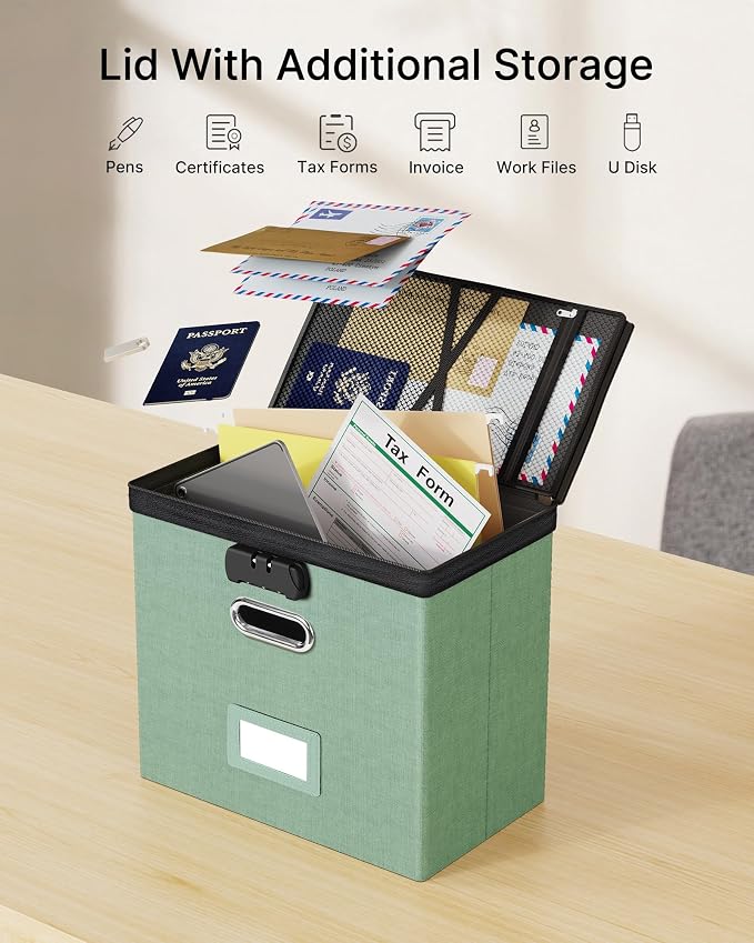 Oterri Lockable File Box Small 2-Pack Hanging Organizer for Letter-Size | Dustproof Lid. 3 Mesh Pockets. Collapsible Scratch-Resistant GRS Linen. Slide Rails. Office, Home, Dorm