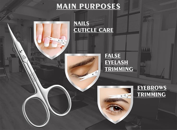 SILLVER Cuticle Scissors Curved Blade - Extra Fine Pointed Tip Professional Manicure Grooming Scissors for Cuticles, Beard, Nose Hair, Eyelash, Mustache - Eyebrow Scissors