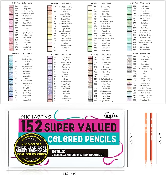 feela 152 Colored Pencils with Pencil Sharpener Premium Soft Core Colors Pencils Set for Adult Coloring Books