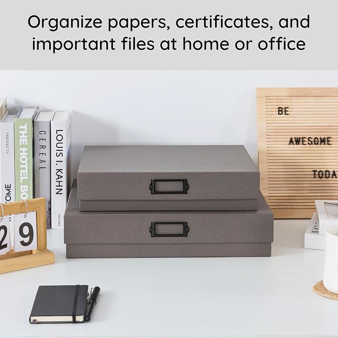 Soul & Lane - Legal Size Document Storage Boxes with Lids, Set of 2, Gray | A3 Decorative Boxes for Art, Scrapbooks and Papers with Metal Label Holders, Large Grey Photo Keepsake Storage for Memories