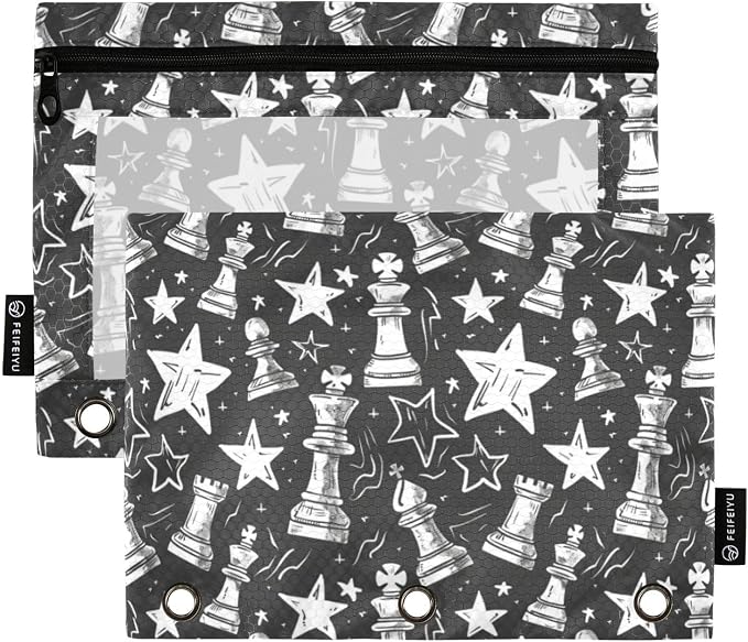 Binder Pencil Pouches Chess Pieces and Stars Pen Case | Clear Window 3 Rings, Cosmetic Bags School Office Supplies Cosmetic Makeup Bag 2 Psc