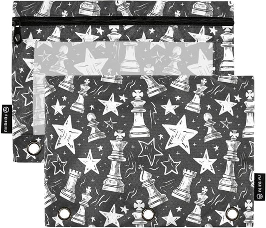 Binder Pencil Pouches Chess Pieces and Stars Pen Case | Clear Window 3 Rings, Cosmetic Bags School Office Supplies Cosmetic Makeup Bag 2 Psc