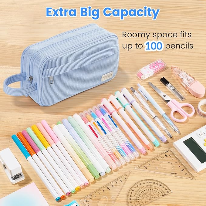Sooez High Capacity Pencil Case, Soft Corduroy Pencil Pouch with 4 Compartments, Multiple Pockets, Large Bag with Sturdy Zipper, Cute Case Pouch Organizer for Student Teen Girls, Yellow