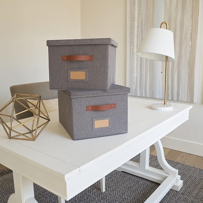 Decorative File Organizer Box Set of 2 - Collapsible Linen Filing Cabinets with Handles Are Perfect to Store All Your Documents & Hanging File Folders - Portable Easy Slide Office Crates with Lid