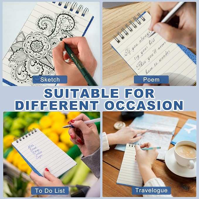 Tenceur 6 Pcs Pocket Notebook Small 3x5 Inch Blue Glitter Top Spiral Notepads Bound Notebook with Lined 120 Pages Mini Memo Pads for Office College Nurse Essentials Back to School Gift