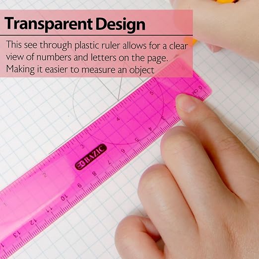 BAZIC Products 6 in Clear Plastic Ruler, Inch & Metric, 3 Pack | Three transparent plastic rulers, 6 in (15 cm), beveled edge and clear inch and centimeter marks
