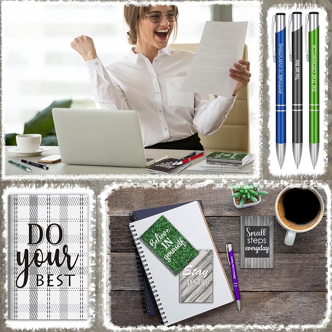 Geyee 24 Pcs Mini Motivational Pens Inspirational Notepads Bulk Appreciation Gifts Small Journals Funny Ballpoint Pen Set Prizes Men Women Office Travel Party Favors(Rustic)