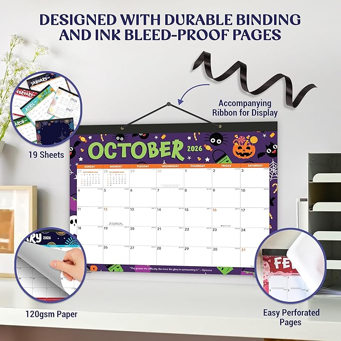 Decorably 18 Months Colorful Assorted Academic Desk Calendar 2026-2027 January 2026 to June 2027, 11x17in Easy Tear-Off Sheets with Inspirational Quotes & Stickers for Office, Home & School