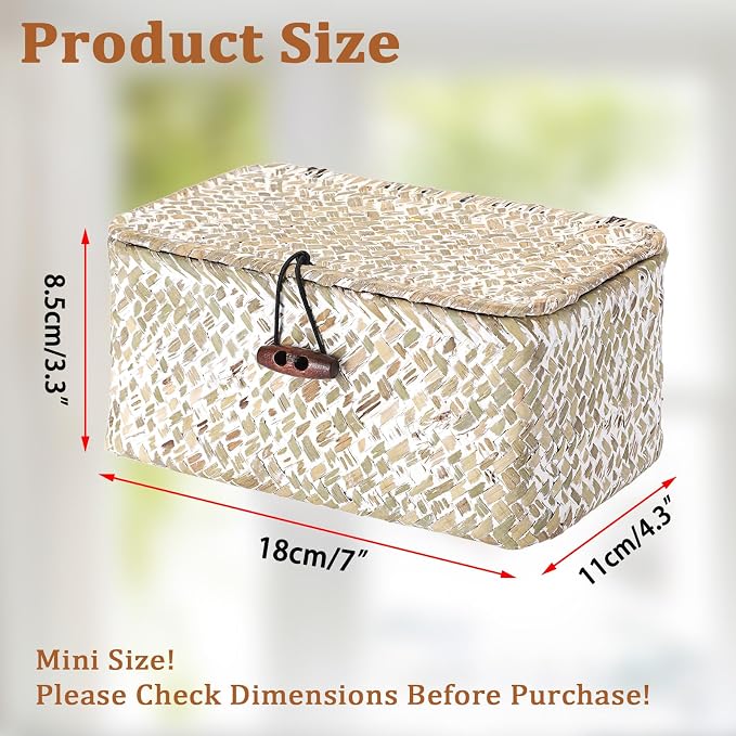 Handwoven Seagrass Basket Wicker Shelf Basket with Lid Rectangular Multipurpose Desktop Organizer Bin for Key Remote Control,Whitewash,7.0"x 4.3" x 3.3"