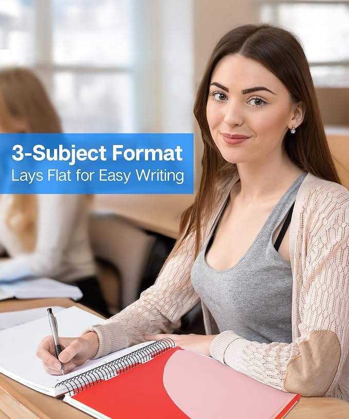 Dunwell 3-Subject Spiral Notebook College Ruled 8.5x11 (Red), 150 Sheets (300 Pages), Tabs, Color Movable Divider Pockets, Protective Plastic Covers, 3-Hole Punched Tear-Off Paper