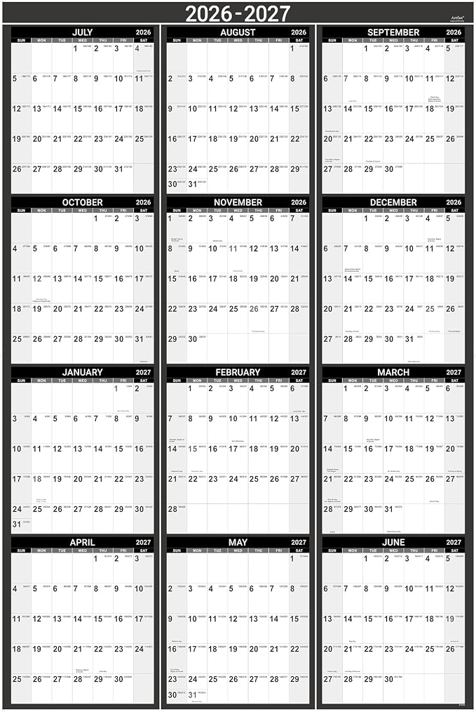 2026-2027 Yearly Wall Calendar - Calendar 2026-2027, July 2026 - June 2027, 34.4" x 22.8"(Open), Yearly Wall Calendar 26-27, Vertical Layout, Double-Sided Round Stickers, Large Calendar - Black