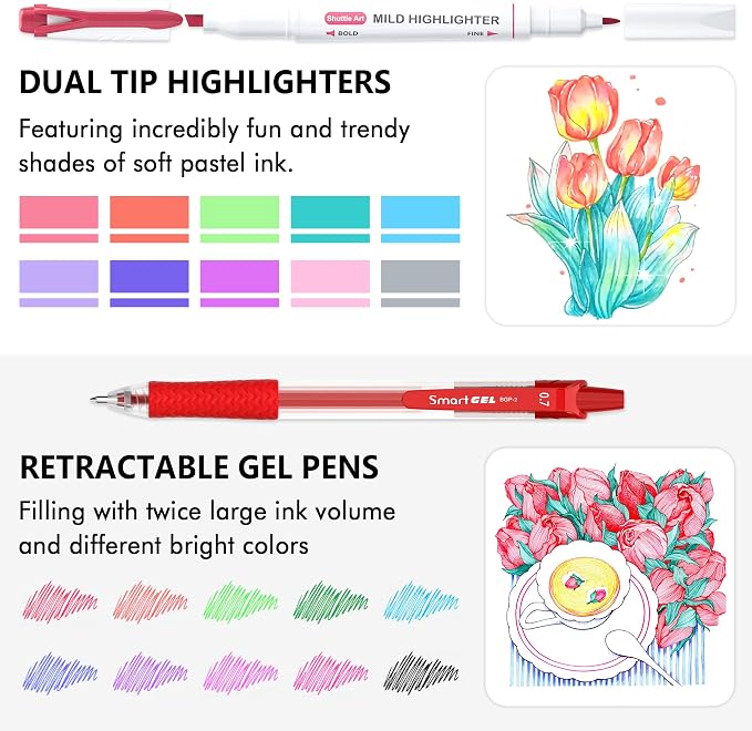 Shuttle Art 20 Pack Journaling Kit,10 Colors Dual Tip Highlighters and 10 Colors Retractable Gel Ink Pens,Perfect for Adults Coloring,Underlining, Highlighting, Writing in Office Home&School