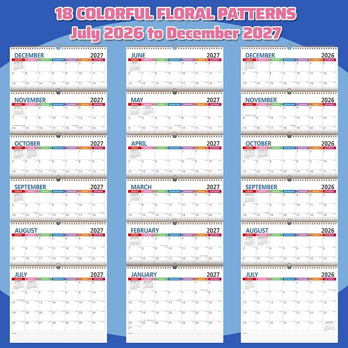 Wall Calendar 2026-2027 (June 2026 - December 2027) - 18 Month Large Hanging Calendar 11 x 8.5 Inches, Monthly Planner with Ruled Blocks, Thick Paper, Holidays, To-Do List & Notes for Home, Office, Classroom