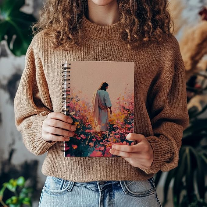 bitCNY Inspirational Jesus Notebook 8.3x5.5 Inch – Jesus in Flower Garden Spiral Journal, Pastel Christian Notebook with Lined Pages for Prayer & Study