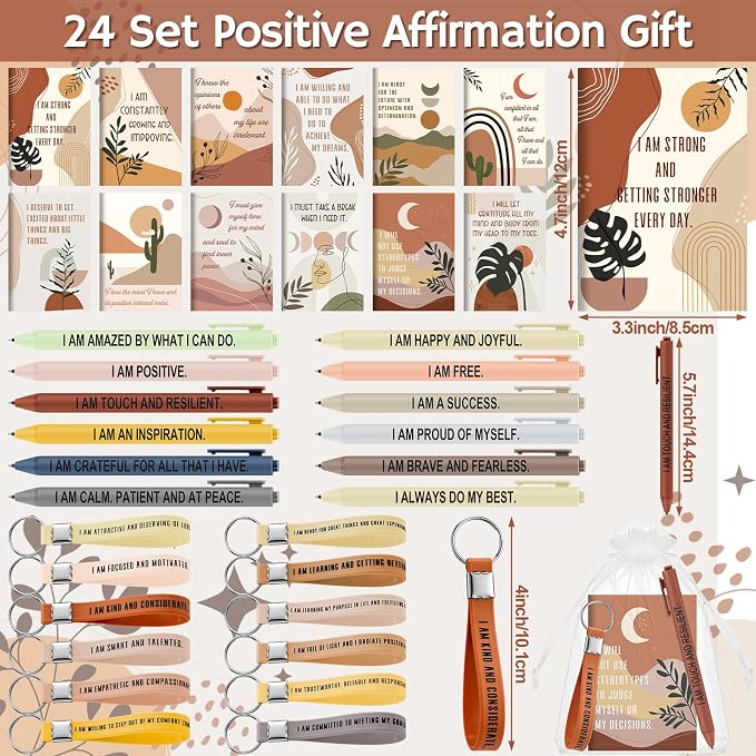 Mooliwe 24 Set Positive Affirmation Gift Set Gratitude Notebooks with Pens Keychains Small Bags Motivational Party Favors for Adult Women Coworkers Employee Group (Boho)