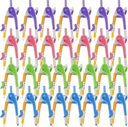 Zonon 30 Pcs Math Geometry Compasses Classroom Set, Bulk Bright Colored Plastic Drawing Compass with Pencils and Safe Tip, Back to School Teacher Supplies for Kids Basic Drafting
