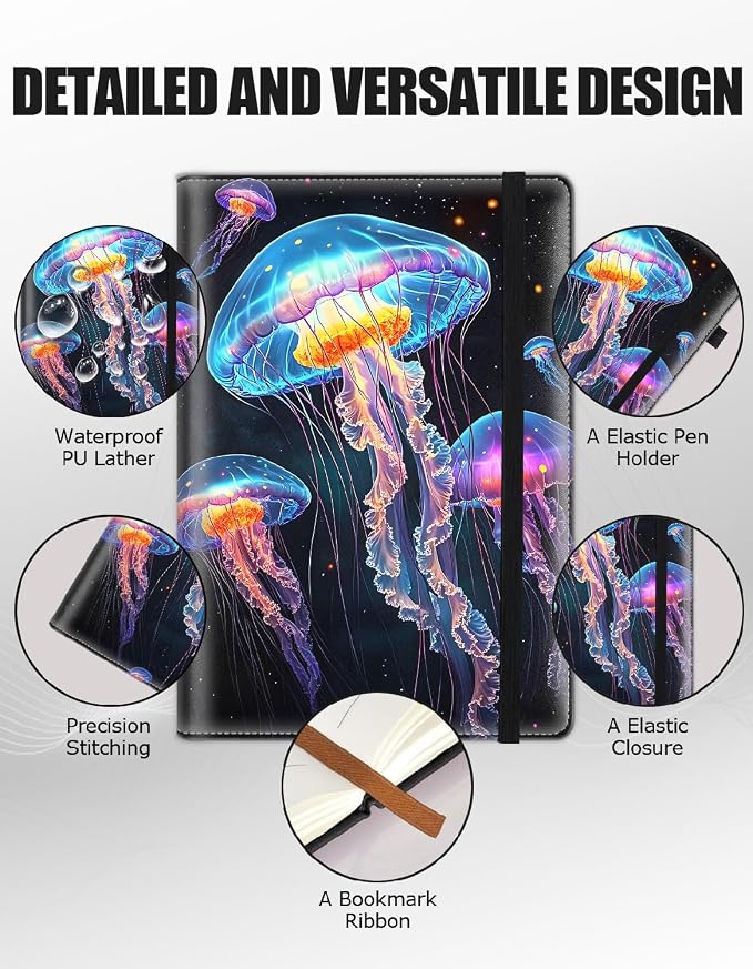 Hardcover Executive Notebooks, A5 PU Leather Lined Journal Notebook, 200 Pages Thick Paper Subject Notebooks for School,Work,Home Writing Business Notebook, Diary Book ，Jellyfish