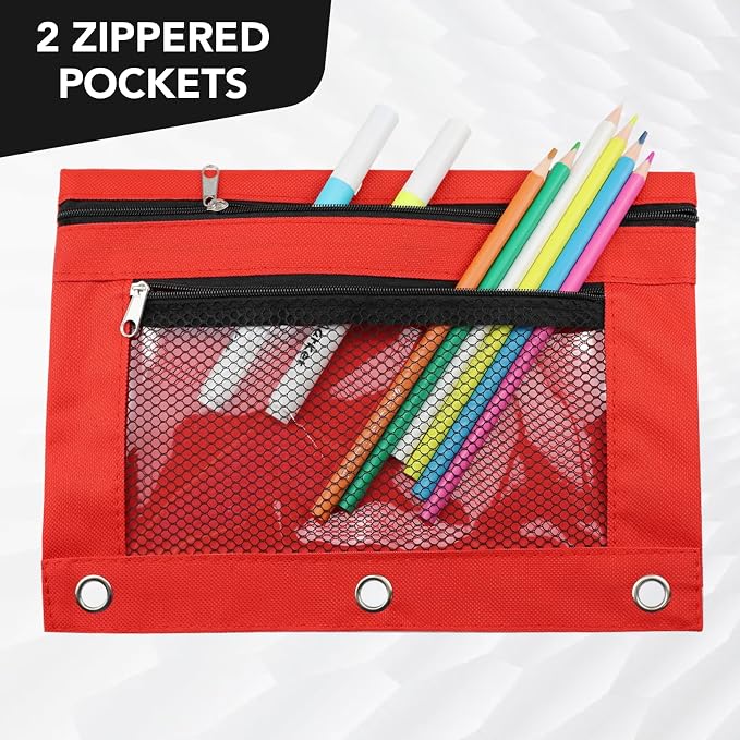 3 Ring Pencil Pouch for Binder, 2-Pocket Zipper Pencil Case with Clear Window & Mesh Pocket, 600D Oxford Fabric Binder Pouch for School Office Supplies, Fits Standard 3-Ring Binders, Red