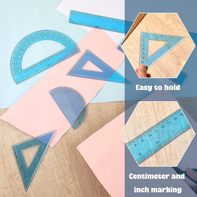 Zonon 7‑Piece Geometry Set with Drawing Compass, 6 & 4 Inch Protractors, Triangle Rulers and Straight Rulers, Transparent Math Drafting Supplies for Back to School, Students and Office Use(Blue)