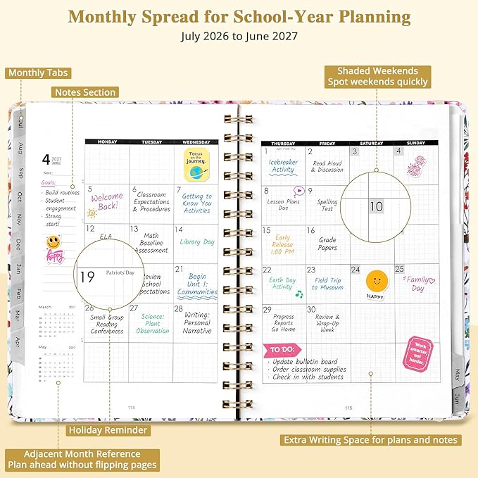 JoyCat Academic Planner 2026-2027, A5 Weekly & Monthly, Wildflowers | July 2026-June 2027 A5 planner combines weekly and monthly layouts, tabs, grid notes and sticker sheets.