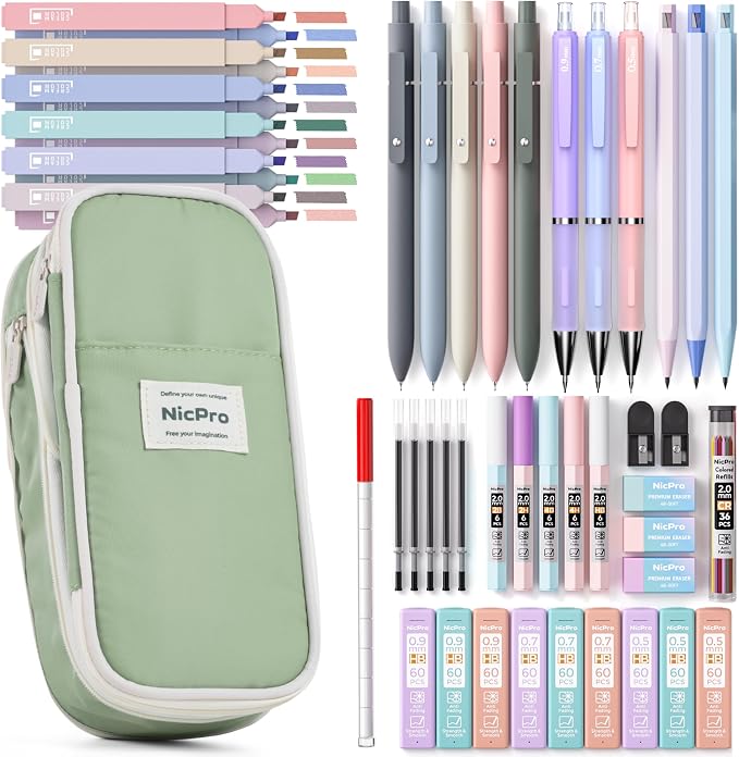 Nicpro School Supplies Stationary Set with Pencil Case, 50 PCS Green | Back to Schoo Supplies, Pen Case with 12 Highlighter, 5 Gel Pen, 6 Mechanical Pencil, Essentials for College, Nursing Student