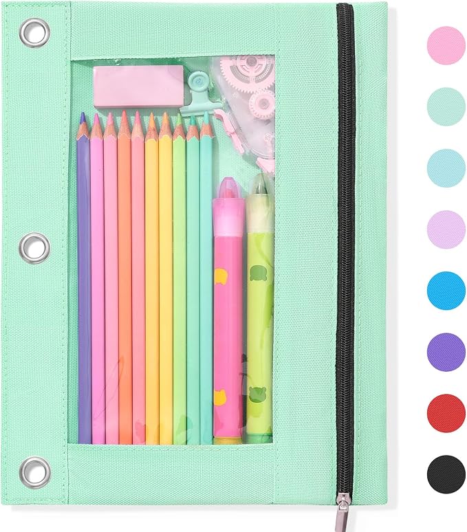 SUNEE Pencil Pouch for 3-Ring Binder, Large Pencil Case with 3 Reinforced Grommets, Zipper Pencil Pouch, Clear Window Pencil Case, Binder Accessories, Light Green