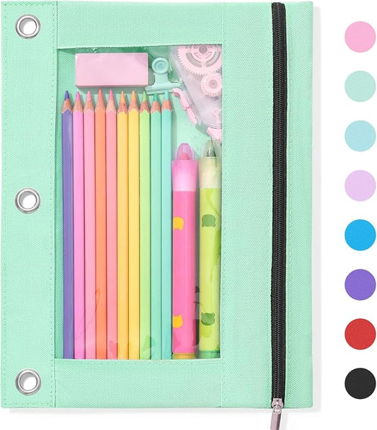 SUNEE Pencil Pouch for 3-Ring Binder, Large Pencil Case with 3 Reinforced Grommets, Zipper Pencil Pouch, Clear Window Pencil Case, Binder Accessories, Light Green