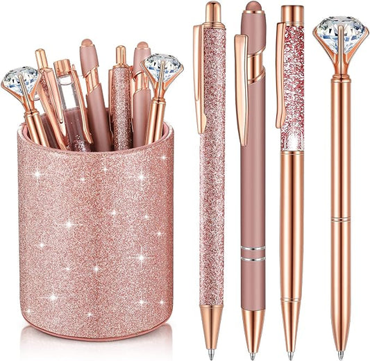 Sabary 8 Pcs Rose Gold Pens with Pen Holder for Desk Glitter Crystal Diamond Cute Ballpoint Fancy Pencil Holder Bling Desk Organizer for Women Girls School Office Supplies Wedding Graduation Gifts