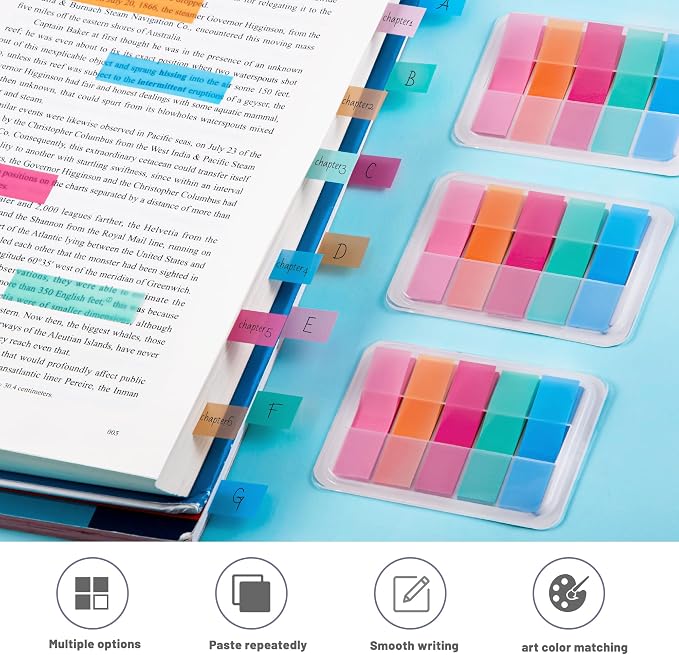 Golcellia Sticky Tabs, Bright Book Tabs for Notebooks, 300 Pcs | Writable bright paper tabs for books, notes, planners and files, repositionable page markers for school, office and home