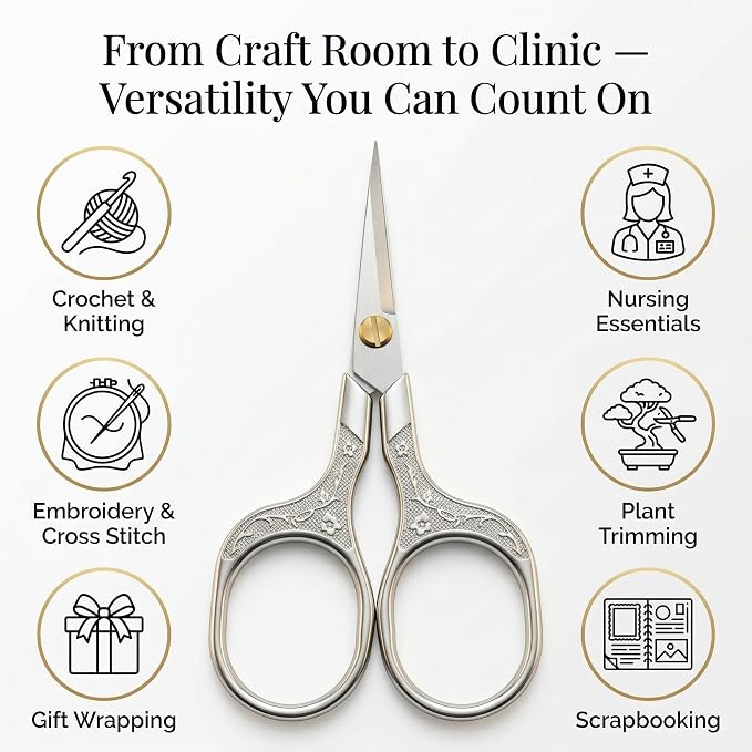 Silver Stainless Steel Scissors with Leather Cover, 5" Sharp Embroidery Scissors for Precise Cutting, Ultra-Sharp Vintage Needlepoint Snips for Yarn, Fabric & Crafts, Professional Metal Crafting Tool
