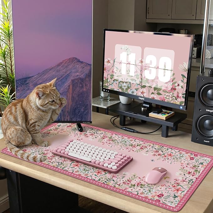 iCasso Desk Mat Pink,Long Mouse Pad with Stitched Edges,Non Slip Computer Pad for Women,Cute Aesthetic Keyboard Mat for Desktop,Large Desk Cover Protector Work from Home School