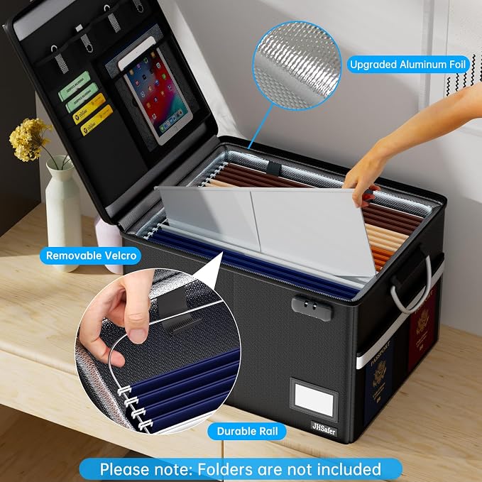 5200℉ Fireproof Document Box with Lock, Black | Waterproof File Organizer with Handle, Portable Collapsible Filing Cabinet for Hanging Letter/Legal Folders