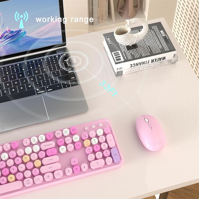 MPTOG Colorful Wireless Computer Keyboard and Mouse Combo with Round Typewriter Keycaps, Retro Design, Power Switch, Ergonomic Design, 2.4GHz Wireless for Windows, Mac, PC(Pink-Colorful)