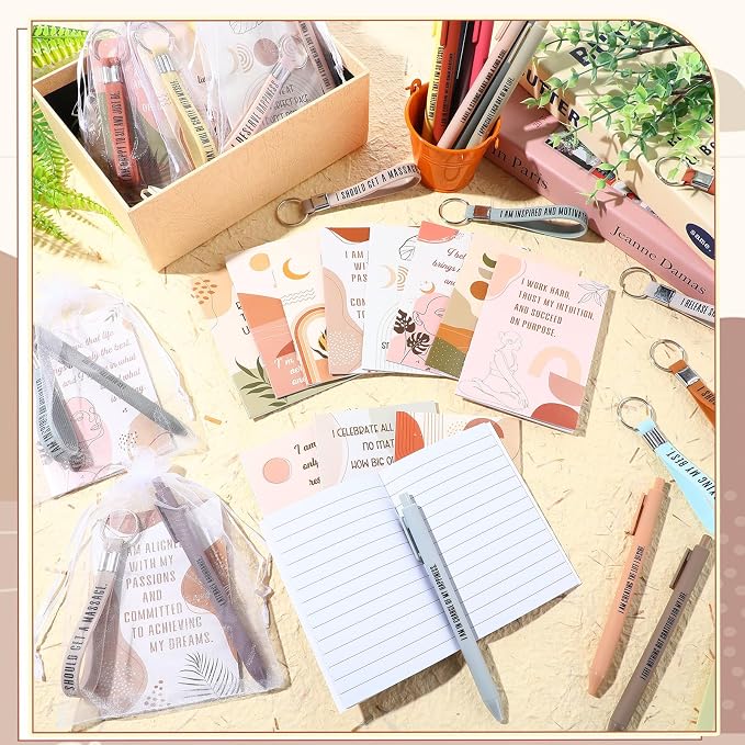 Mooliwe 12 Set Positive Affirmation Gift Set Gratitude Notebooks with Pens Keychains Small Bags Motivational Party Favors for Adult Women Coworkers Employee Group (Abstract)