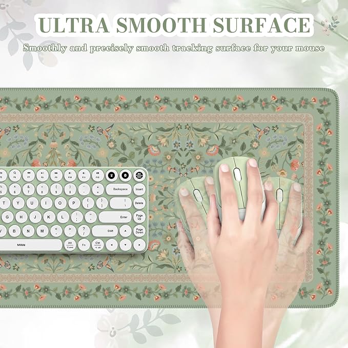 iCasso Aesthetic Floral Desk Mat, L Mouse Pads, Anti-Slip Mousepad with Stitched Edges, Waterproof Computer Pad 11.8"x31.5", Desk Accessories Office Decor for Women(Light Green)