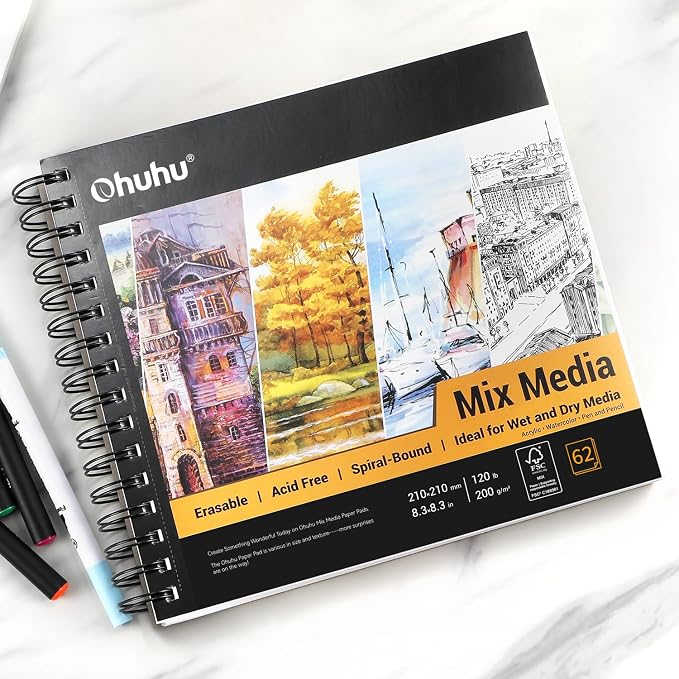 Ohuhu Mix Media Pad, 8.3" x 8.3" Mixed Media Art Sketchbook, 120 LB/200 GSM Heavyweight Papers, 62 Sheets/124 Pages, Spiral Bound Mix Media Paper Pad for Acrylic, Painting, Christmas Gift