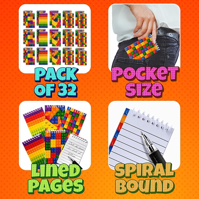 Bedwina Mini Building Block Notebooks (Bulk of 32) Spiral Notepads In Assorted Brick Styles, Mini Notebook for Kids Pocket Size for Birthday Party Favors, Classrooms or Goodie Bag Stuffers