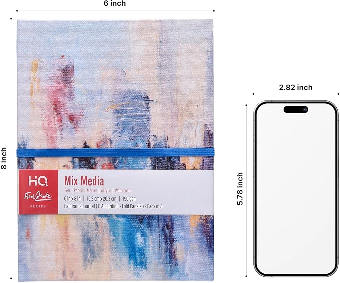 HQ Finestroke Panorama Mixed Media Journal, Zig Zag Fold Sketchbook, 6 x 8 Inches, Accordion Art Book, Canvas Cover, Pack of 3