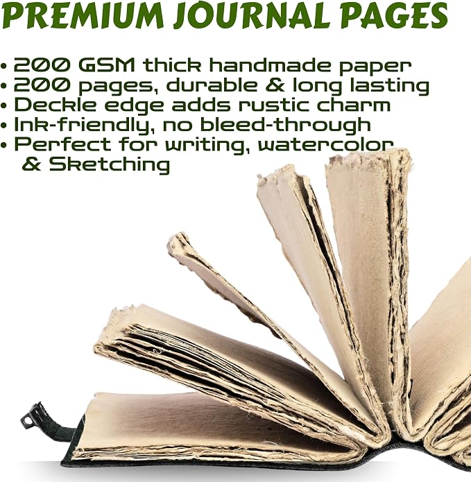Leather Bound Vintage Journal for Women & Men – Book of Shadows – Lock Closure – 200 Pages of Antique Deckle Edges Handmade Paper (Pine Green, 8 x 6 inches)