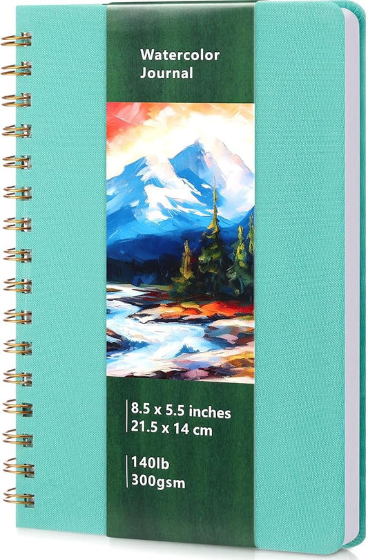 Dispowreath Watercolor Sketchbook 5.5" x 8.5" Spiral Bound Water Color Journal 24 Sheets 140lb/300g Cold Press Small Linen Watercolor Sketchbook for Mixed Media Drawing and Markers (Turquoise)