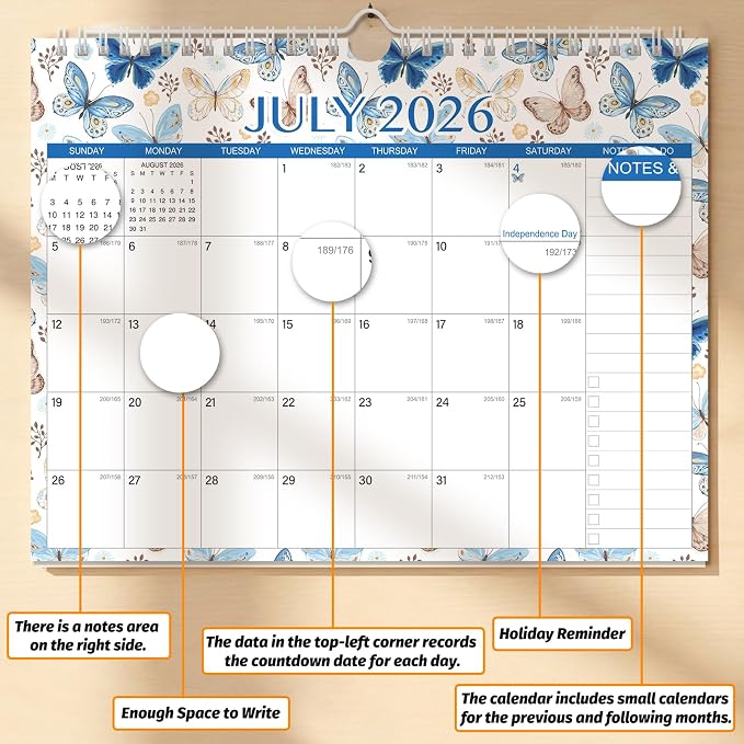 Wall Calendar 2026-2027 – 11 x 8.7 In, 18 Months from July 2026 to December 2027, Monthly Calendar with Holidays, Julian Dates, Grid Design for Scheduling, Home or School Use