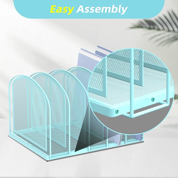SUPEASY File Organizer 5-Section Mesh Desk Organizer, Upright File Organizer Desktop Organizer File Sorter, File Folder Holder for Office Supplies, Blue | 5 Vertical Compartments with Sturdy Metal Base for Office Documents Books Magazines and Laptop