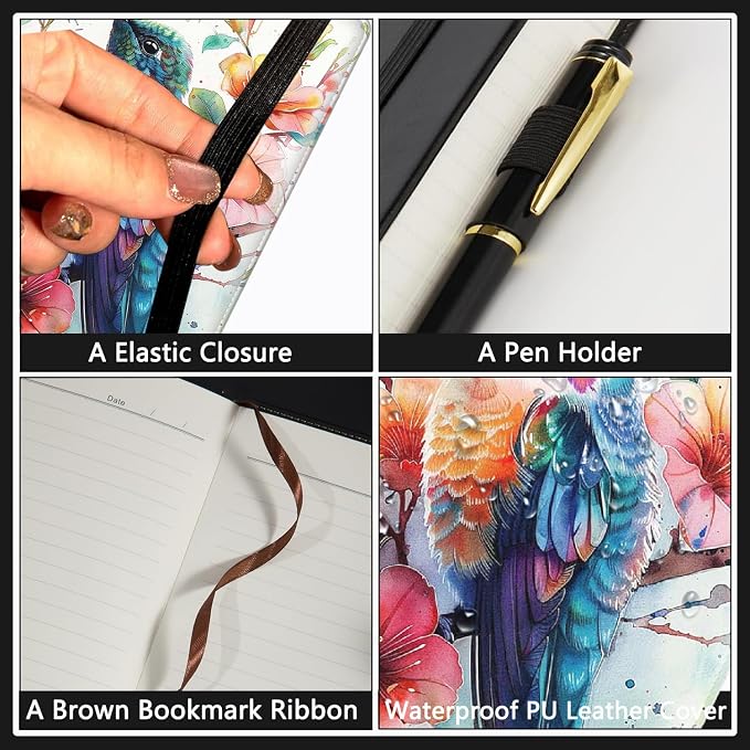 A5 Leather Lined Journal Notebook, 200 Pages Hardcover Executive Notebook for Men Women Office School Note Taking, Thick Writing Paper Daily Journal with Bookmarks/Indexes, Watercolor Hummingbird