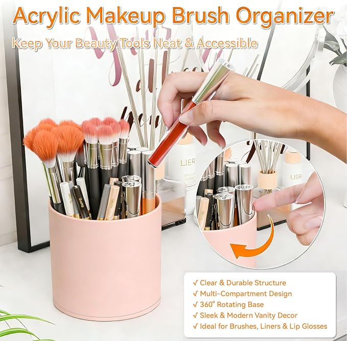 Yieach Rotating Acrylic Makeup Brush Holder for Vanity,Bathroom Countertop,Round Makeup Brushes Organizer,Spinning Cosmetic Brushes Holder,Make up Brush Storage and Office Desk Pen or Pencil Cup,Pink