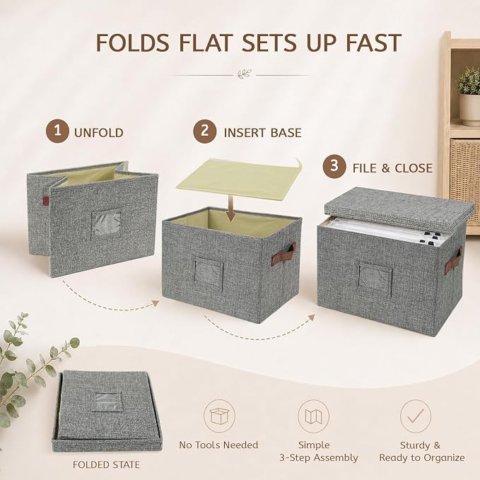 2-Pack Collapsible Letter Storage Bins with Lid, Grey | Office files & board games | Faux leather handles & label window | Dust-proof | Includes labels & glue dots