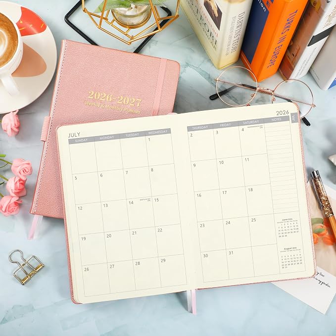 Planner 2026-2027 - Weekly and Monthly Planner with Stickers, 5.7" X 8.2", July 2026 - June 2027, 2026-2027 Calendar Planner, Pen Holder, Inner Pocket, 44 Notes Pages - Rose Gold