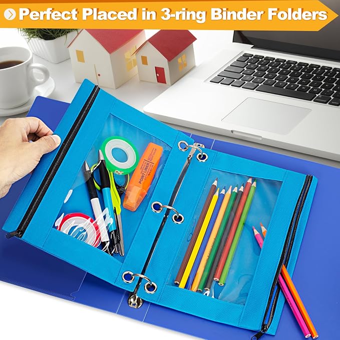 Pencil Pouch for 3 Ring Binder, 2 Pack Pencil Bags with Zipper, Sky Blue Pencil Case for Classroom School Office Supplies, Large Sturdy and Durable Cloth Pencil Pocket for 3 Holder Binder
